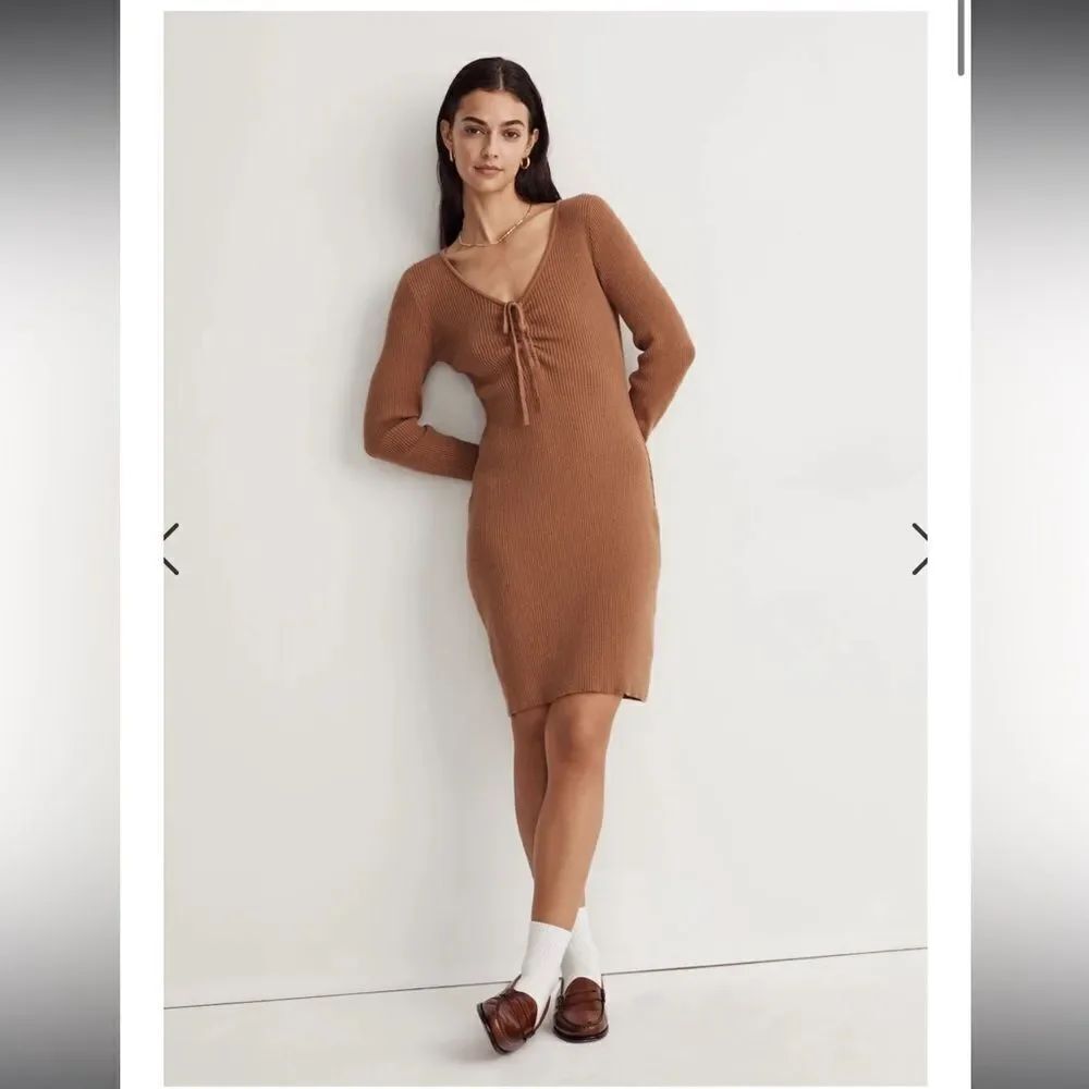 SALE! NWOT Madewell Fall Cozy Camel Rib Knit Tie Front Dress XS